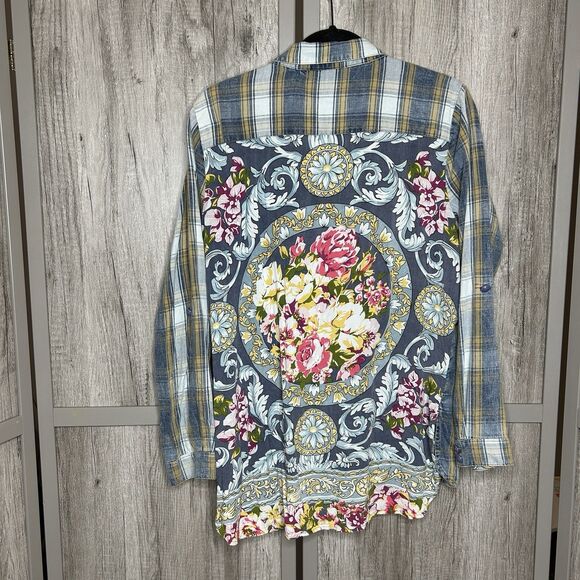 Aratta Silent Journey Shirt Large Button Up Plaid Floral Bohemian - Picture 1 of 10